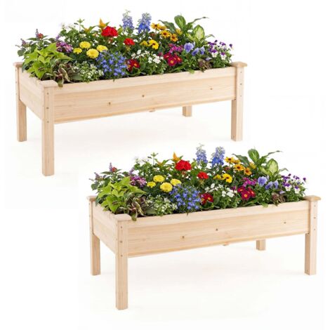 Lot de 2 Jardinières Surélevées en Bois de Sapin Naturel avec Pieds, Bac de Culture Élevé avec Trous de Drainage, Potager pour Fleurs Légumes et Aromates, Intérieur et Extérieur (1/2)