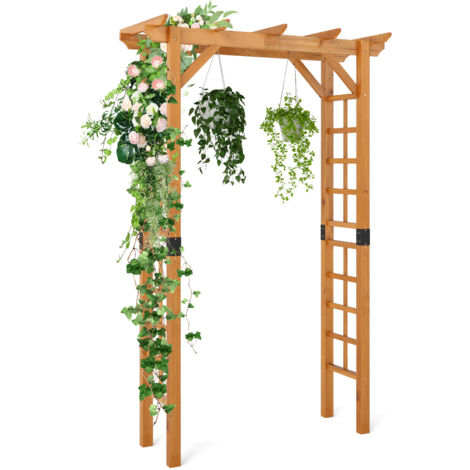 Arche de Jardin en Bois de Sapin avec Toit et Treillis Latéraux, Arche à Rosiers Orange, Structure Renforcée Métal, Pergola Décorative pour Plantes Grimpantes, Mariage et Entrée Extérieur