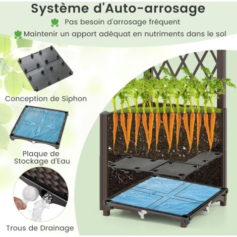 Jardinière surélevée autooarrosante 40 × 40 × 140 cm, bac de culture rotin PP avec treillis vertical, réservoir d’eau et trous de drainage, modulable pour plantes grimpantes, balcon et jardin (1/5)