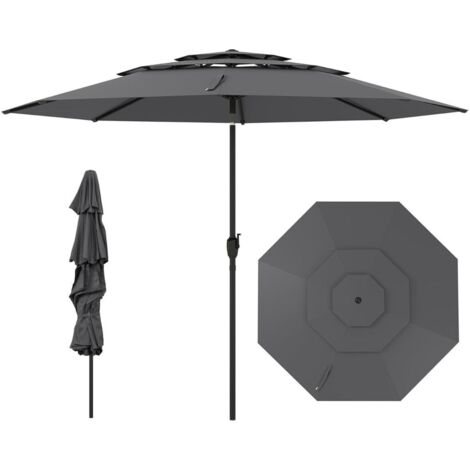 Parasol de Jardin 3 Étages Anti-Vent Gris 300 cm, Manivelle d’Ouverture, Inclinaison Réglable, Mât Métallique 8 Baleines, Toile Polyester Anti-UV pour Terrasse Balcon Piscine (1/5)