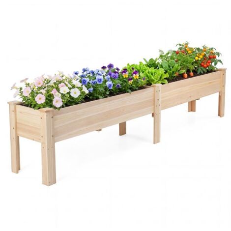 Bac à Planter Surélevé Long en Bois de Sapin Naturel 240 x 43,5 x 51,5 cm, Bac de Jardin sur Pieds avec Trous de Drainage, Ergonomique pour Légumes, Aromates et Fleurs (1/5)