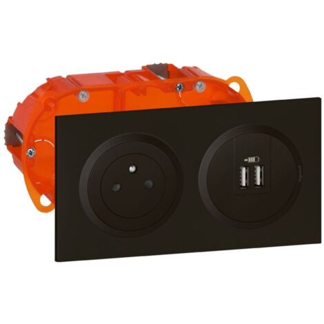 Legrand – Kit prise de courant 2P+T 16A avec chargeur USB 2 ports 2,4A – Plastique noir – Prise standard pour installation intérieure – Mode de pose électricité