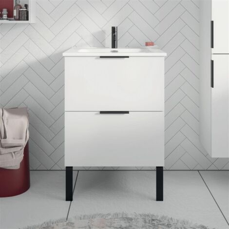 Meuble sous vasque 2 tiroirs (880 mm) - Hauteur: 640 mm - Longueur: 880 mm - Blanc mat (1/4)