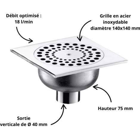 Delabie – Siphon de sol pour sol dur – Platine 140 x 140 mm – Débit 18 L/min – Garde d'eau 18 mm – Sortie verticale Ø 40 mm
