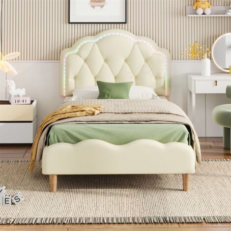 Lit enfant LED blanc 90 x 200 cm à sommier et tête de lit matelassée