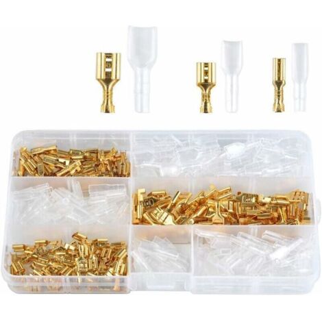 UlisemCosses à Sertir en Laiton 2.8/4.8/6.3mm 150PCS Cosse Electrique à Sertir Fastons Assortis avec Isolation Manches Connecteur Cosse Femelle Anti-oxydation Anti-fissuration pour Moto Bateau Voiture (1/4)