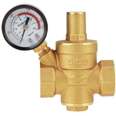 Réducteur de pression d'eau en laiton, réducteur de régulateur de pression d'eau réglable en laiton DN20 avec manomètre,Convient à la Plupart des Équipements D'eau du Robinet (1/4)
