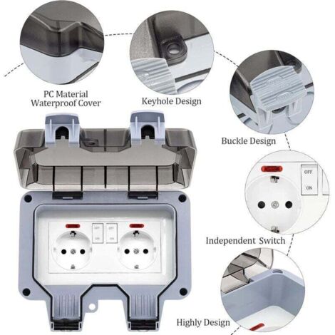 UlisemPrise Exterieure Etanche IP66 Double Prise de Courant et Volet de Protection Multiprise Electrique Murale de Jardin, Prise Anti-Poussière et Coupe-Vent avec Interrupteur, Voyant Lumineux - RWAut (1/4)