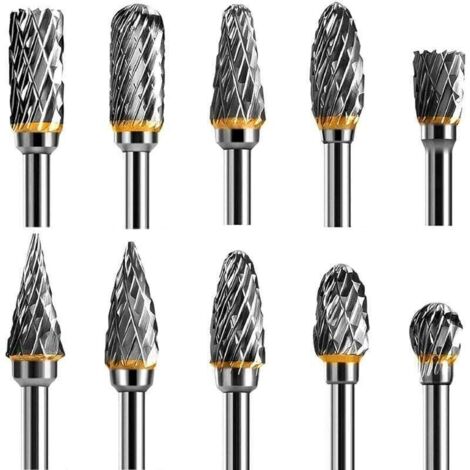 Jeu de Fraises Rotatives Acier Carbure de Tungstène Double Tranchant pour Outil rotatif, 10 pièces Tige 1/8” pour Outil Rotatif pour Bricolage, Sculpture sur bois, Polissage métaux, Gravure, Perçage (1/4)