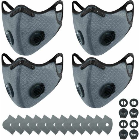 Ulisem 4 masques anti-poussière de sport + 12 filtres à charbon actif, réutilisables, respirants, activités de plein air, travail du bois, tonte et course, cyclisme gris (1/5)
