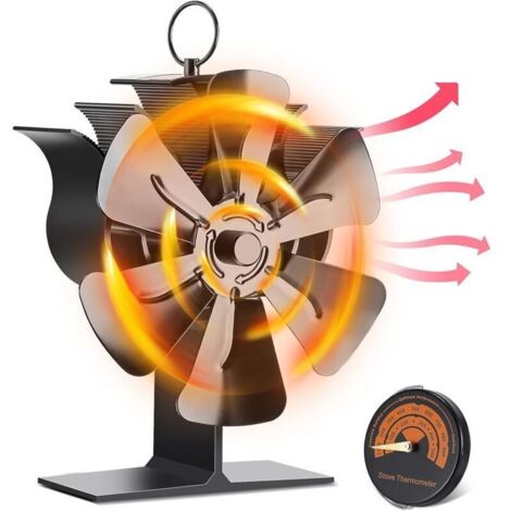 Ventilateur de poêle à bois, ventilateur de cheminée alimenté par la chaleur à 6 pales, respectueux de l'environnement, ventilateur silencieux pour poêle à bois/à bûches/cheminée avec thermomètre (1/4)