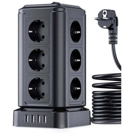 Rallonge multiprise avec surtension (4000W/16A), Tour Multiprise Electrique avec 4 Ports USB et 12 Prises, multiprise avec Interrupteur Individuel, 5M Cordon (1/4)
