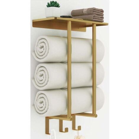 Porte Serviette Salle de Bain, Porte Serviette Murale Doré Mat Support Serviette Salle de Bain avec Étagère et 3 Crochet Métal Rangement Serviette pour Les Serviettes 3 Enroulées (50 cm) (1/4)