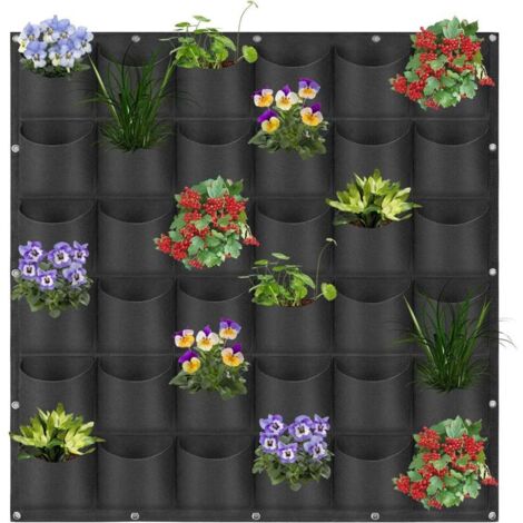 Sac pour plante mural,Sacs de plantation à suspendre à 36 poches verticales à fixation murale pour plantes aromatiques de jardin d'intérieur ou d'extérieur (1 m x 1 m, noir) - RWSac pour plante mural (1/4)