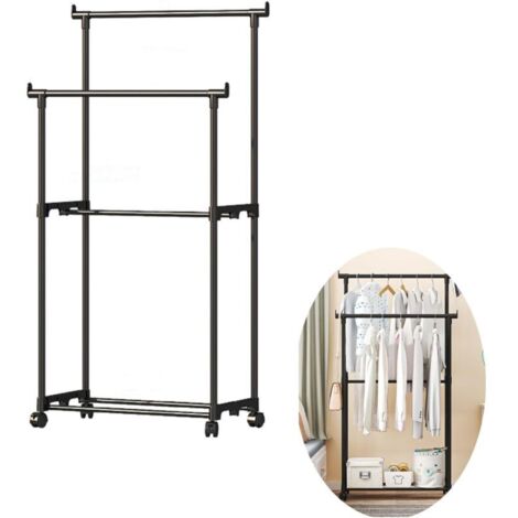 Porte-Manteau à Roulettes, Portant à Vêtements Double Barre, Plastique Porte-manteau, Noir (1/5)