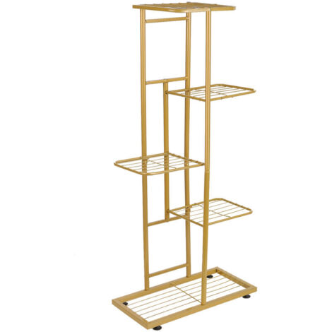 Support pour plantes d'intérieur et d'extérieur - Support à fleurs en métal à 5 niveaux avec 6 pots - Support pour plantes d'angle pour terrasse, jardin, balcon, salon - Doré (1/5)