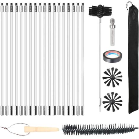 Kit de 25 brosses de nettoyage de cheminée avec 18 tiges flexibles en nylon + 2 têtes de brosse + 1 longue brosse en bois + sac de rangement pour conduit de cheminée, sécheuse, regard de cheminée, hot (1/5)
