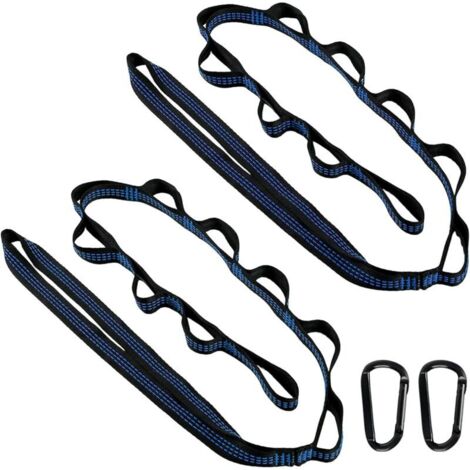 Lot de 2 sangles de suspension pour hamac, 300 kg, pour arbre, suspension, balançoire, corde avec 2 mousquetons à crochets, pour camping, extérieur, randonnée - Bleu (1/5)