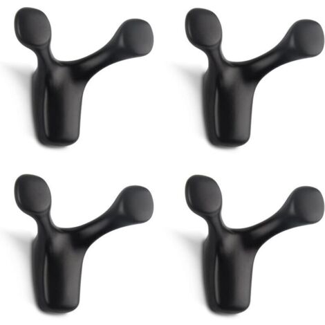 Lot de 4 crochets muraux doubles, robustes, en alliage de zinc massif, en forme de bois de cerf, pour salle de bain, chambre, cuisine, vis incluses (noir mat) (1/5)
