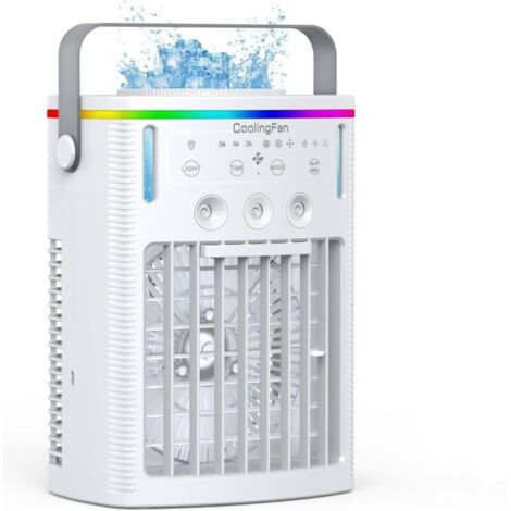 Climatiseur portable, mini ventilateur personnel 4 en 1 avec réservoir d'eau de 1 000 ml, minuterie 2/4/6 heures, 3 brumisateurs, 7 veilleuses, petit climatiseur rechargeable par USB pour bureau, cham (1/5)