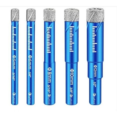 Lot de 5 forets pour céramique, verre, granit, marbre, quartz, foret spécial pour verre, ouvre-trou pour carrelage, foret diamanté pour carrelage, foret pour carrelage métallique de 5, 6, 8, 10, 12 mm (1/4)