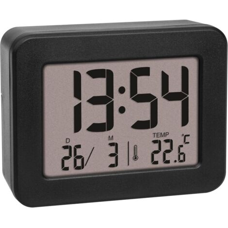 Mini réveil numérique, alimenté par batterie, avec alarme de réveil puissante, température ambiante, date, horloge à quartz, réveil de voyage, noir (1/5)