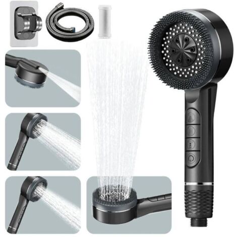 Pommeau deouche Haute Pression, Pommeau Douche Economie Deau 4 Types de Jets Pommeau de Douche Anti Calcaire avec Tuyau Douche 1.5M et Support de Douche, avec Bouton D'arrêt D'eau,Gris [Classe énergét (1/5)