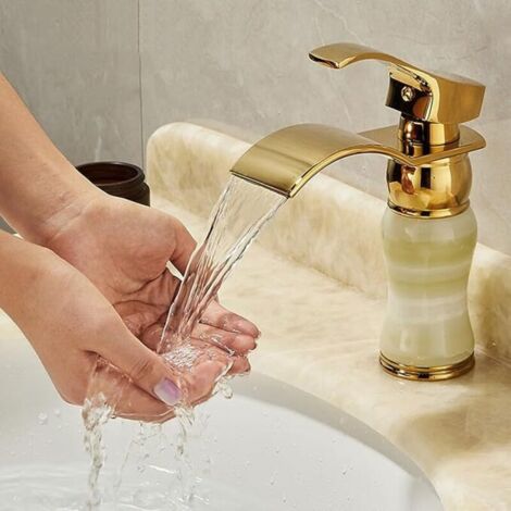 Robinet mitigeur cascade doré, bec fin, mitigeur lavabo monotrou, robinet de salle de bain en laiton G1/2 avec tuyau d'arrivée d'eau (1/5)