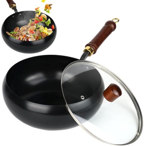 Poêle en fonte - Poêle en fer non revêtue - Poêle antiadhésive forgée à la main - Récipient de cuisson polyvalent avec couvercle pour mijoter et rôtir à haute température - Compatible avec les (1/5)