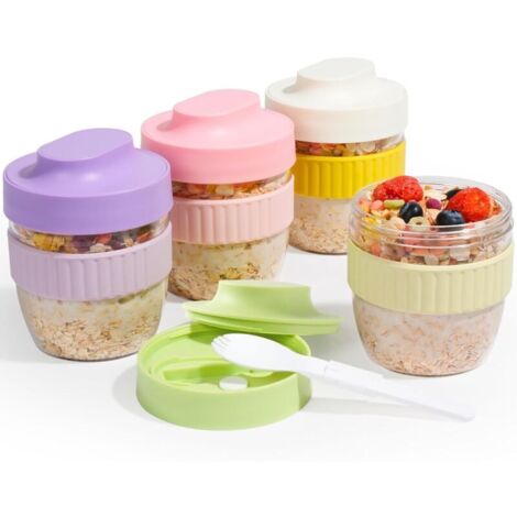 Lot de 4 pots à flocons d'avoine, pots Mason en plastique, sans BPA, récipients portables pour la préparation des repas, pots à flocons d'avoine étanches pour yaourt, soupe, céréales, lait et salades (1/5)
