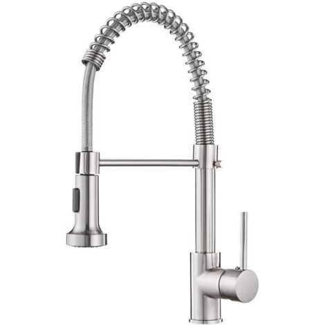 Robinet de cuisine industriel à une poignée avec douchette extractible, 1 ou 3 trous, en acier inoxydable nickel brossé. (1/5)