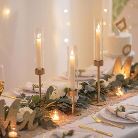 Bougeoir cylindrique en verre pour table : bougeoir en verre à base haute, support en métal pour table de Noël, mariage, salle à manger, décoration de fête à la maison, lot de 3 (1/2)