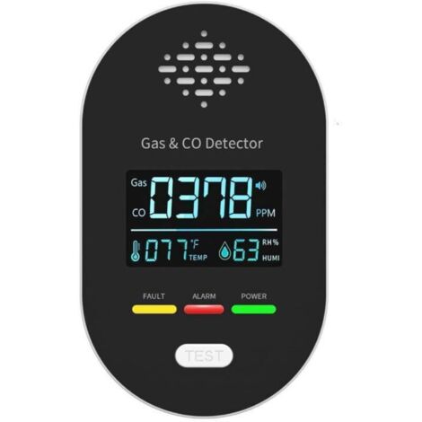 Détecteur combiné de gaz et de monoxyde de carbone avec affichage de la température et de l'humidité, noir, conforme aux normes européennes (1/5)