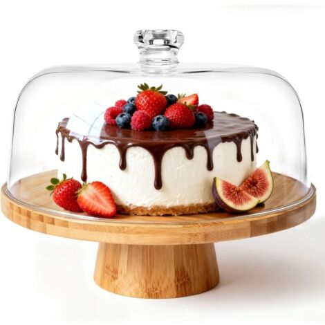 Présentoir à Gâteau Sur Pied avec Couvercle, 6in1 Cloche à Gâteaux Multifonctionelle, Support Gâteau en Bois Rotatif pour Pâtisserie/Desserts (1/5)