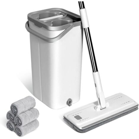 Balai Serpillère Microfibre, Serpillère Balai à Plat et 5 Tampons Réutilisables, Serpillère Seau Essoreur avec Seau pour Nettoyage Types Sols (1/4)