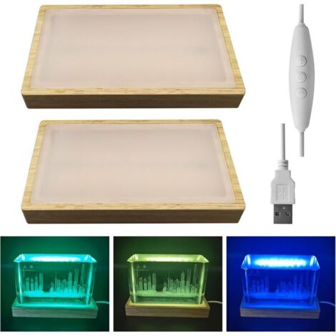 Base d'affichage en cristal réglable pour verre d'art, support en bois à intensité variable en 3 couleurs, base de lumière LED rectangulaire pour lumière d'art en verre de cristal 3D (multicolore, 2 (1/5)
