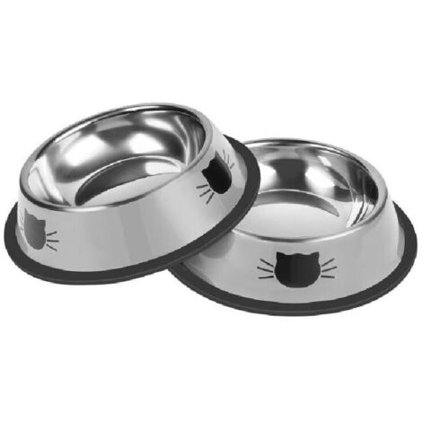Lot de 2 gamelles pour chat en acier inoxydable, antidérapantes, incassables, épaisses, 200 ml, adaptées aux petits animaux, base en caoutchouc amovible, facile à nettoyer, gris (1/5)