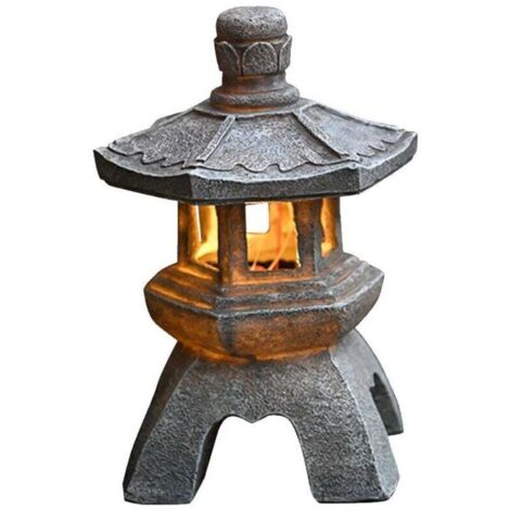 Lanterne solaire de jardin, décoration zen asiatique pour aménagement paysager, balcon, jardin, terrasse, porche, patio, résine, finition pierre grise (1/5)