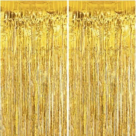 rideaux métalliques Lametta, rideaux métallisés, rideaux à anneaux pour fond de scène, parfaits pour un anniversaire, une fête ou un mariage. Dorés. (1/5)