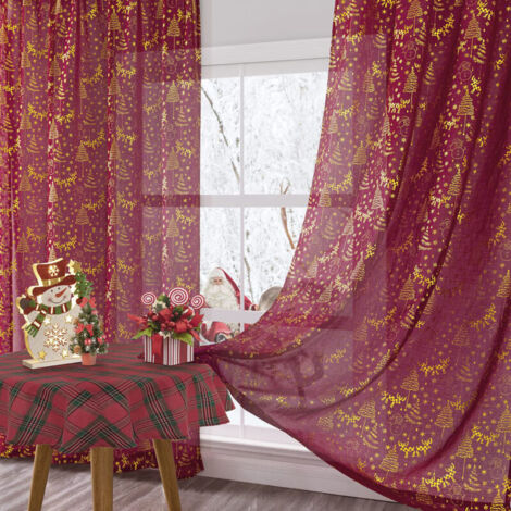 2 Pièces Rideaux Noël - Rideau Voilage Semi (4264cm) -Transparents, Motifs de Noël, Rideu Galon Fronceur, Décoration Moderne pour Fenêtre de Salon Chambre Cuisine, Rideau Rouge,Superbe décoration pour (1/5)