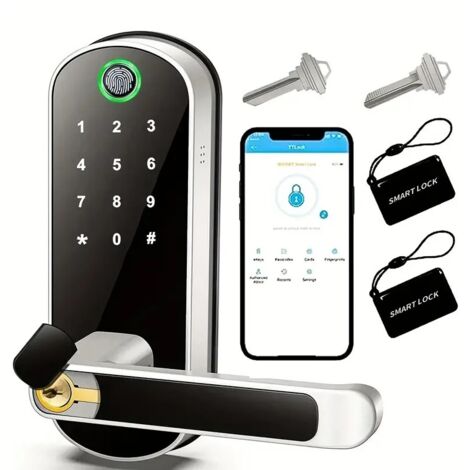 Serrure Intelligente à Pêne Unique pour Porte Bois sans Perçage avec Empreinte et Code PIN Finition Argent (1/5)