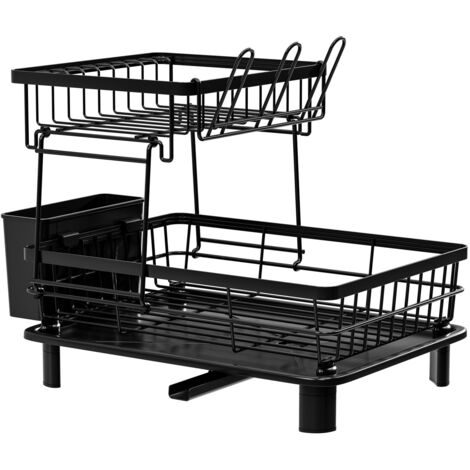 Égouttoir Vaisselle Cuisine 2 Niveaux Amovible avec Plateau Égouttoir et Porte-Couverts, Organisateur Assiettes Tasses, Noir (1/4)