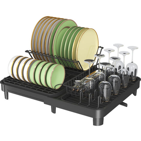 Égouttoir Vaisselle Cuisine Extensible Pliable avec Plateau Égouttoir et Porte-Couverts, Organisateur, Noir (1/5)