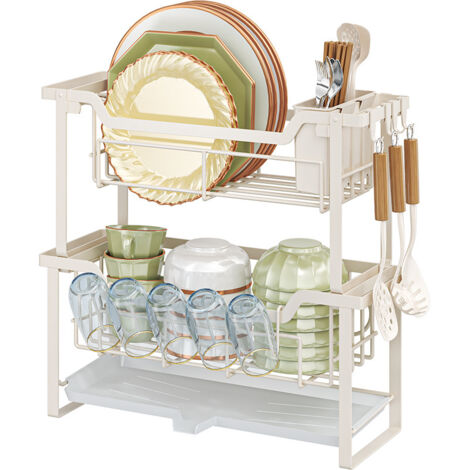 Égouttoir Vaisselle Cuisine 2 Niveaux Étroit avec Plateau Égouttoir et Porte-Couverts, Organisateur, Blanc (1/4)