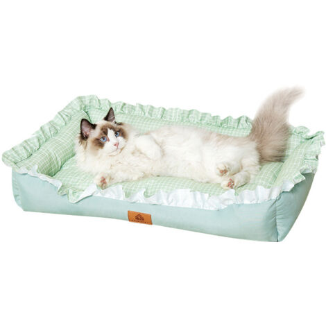 Lit carré pour chat et petit chien vert L 70×50×12cm, design volants frais été, fixation antidérapante (1/5)