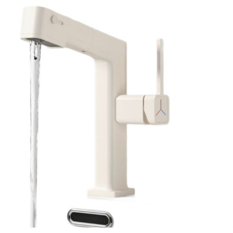 Robinet de lavabo extractible en cuir plein, 3 modes, eau chaude/froide, blanc crème pour salle de bain (1/5)