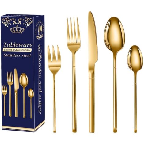 Lot de 24 couverts en acier inoxydable doré, couteaux à steak, fourchettes et cuillères, coffret cadeau pour repas occidentaux