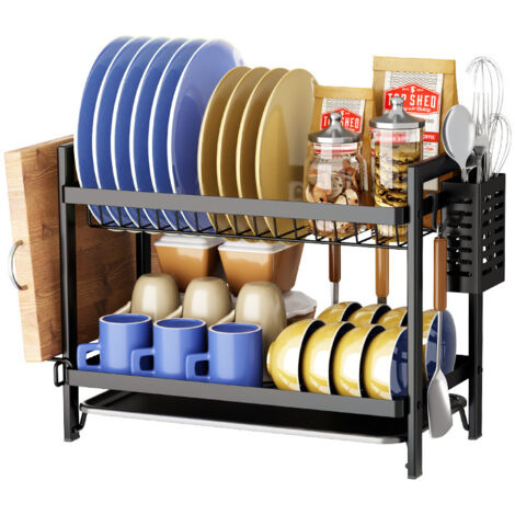 Égouttoir Vaisselle Cuisine 2 Niveaux Noir, Étagère Égouttoir avec Plateau et Porte-Couverts, Organisateur Complet (1/4)