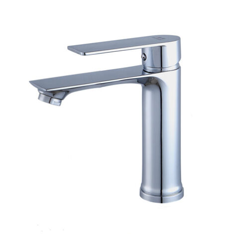 Robinet de lavabo mélangeur en alliage cuivre-zinc, eau chaude/froide, finition chromée, monotrou – livré avec tuyau 60cm (1/5)