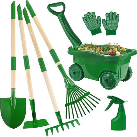 Kit d'Outils de Jardin pour Enfants 6 Pièces avec Brouette, Ensemble de Jardinage Vert pour Enfants avec Râteau, Pelle, Gants et Pulvérisateur